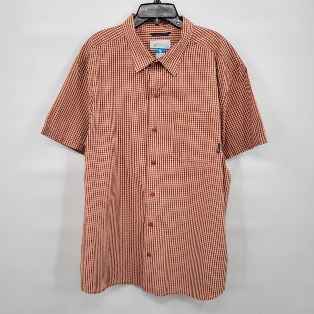 Columbia Men Orange Plaid Collar Pocket Short Sleeve Button Up Shirt Size XL
